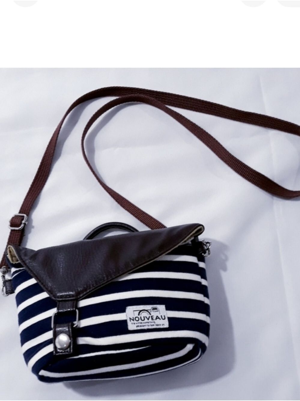 Nouveau Navy and White Striped Shoulder Bag with Brown Strap